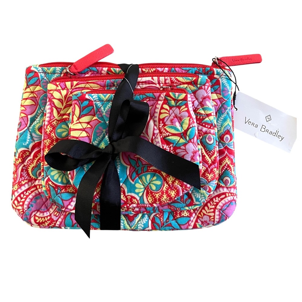 Vera Bradley Cosmetic Trio Women Paisley in Paradise Boho Quilted 3pc Pouch Set